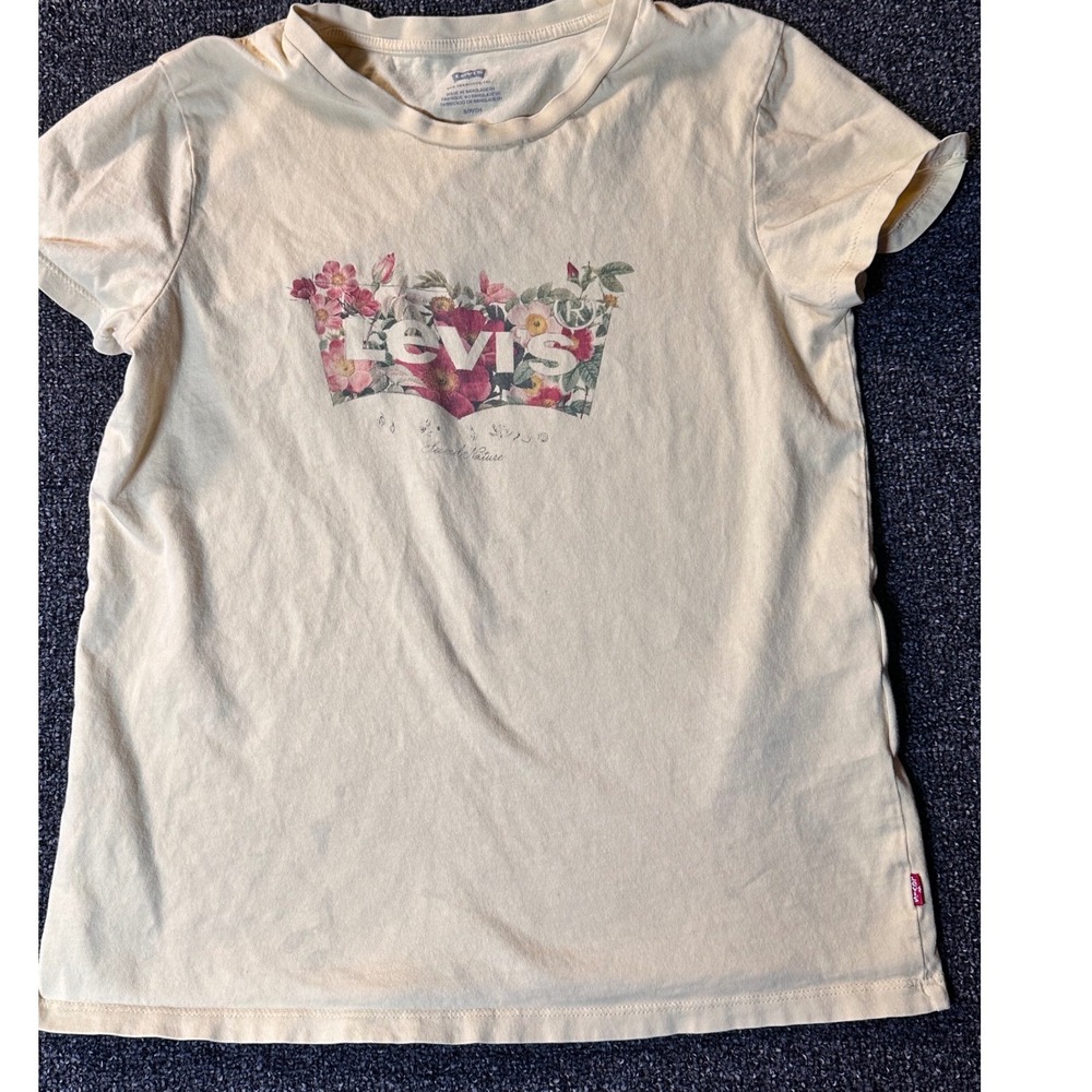 Levis‎ Kids Girls Pale Yellow Floral Batwing Logo Graphic T-Shirt Size S Small